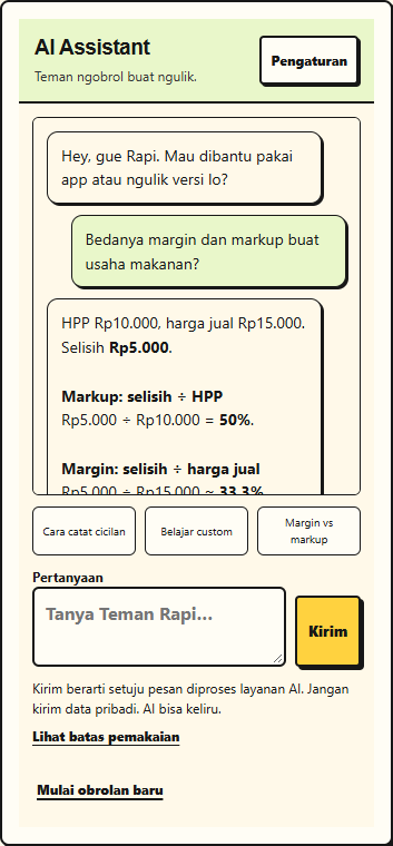 Contoh chat Asisten AI: Pahami hitungan usaha. Margin dan markup, dijelasin lewat contoh sederhana.