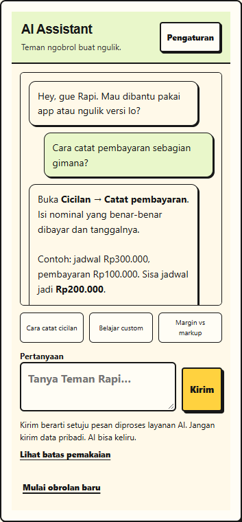 Contoh chat Asisten AI: Catat pembayaran. Bayar sebagian? Catat nominal yang benar-benar dibayar.