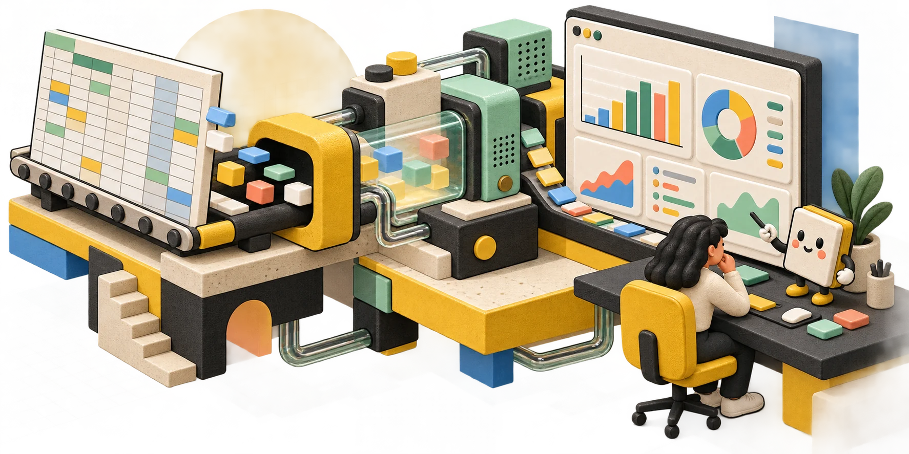 Diorama 3D: spreadsheet, alur data, dashboard, dan Si Rapi bekerja dalam satu alur.